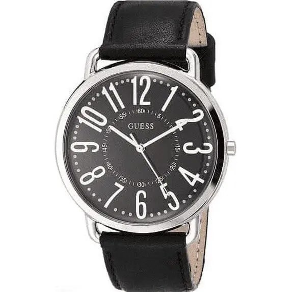 40mm Black Dial Easy Reader Black Leather Strap Unisex Steel Watch U1068L3 by Guess