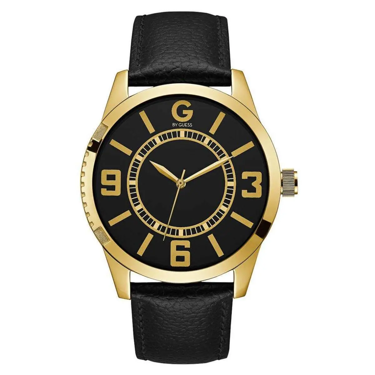 G By  Mens Black/gold G64038G1 Leather Belt Watch by Guess