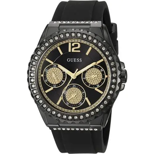 Women`s Black Silicone Band Rose Gold Dial Multifunction Watch by Guess