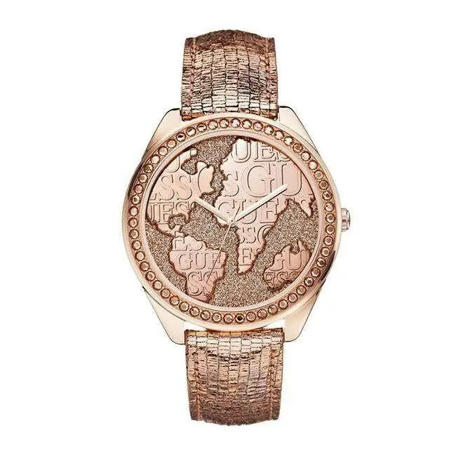 Women`s Rose Pink Gold-tone Leather Wonderland World Logo Watch W0503L3 by Guess