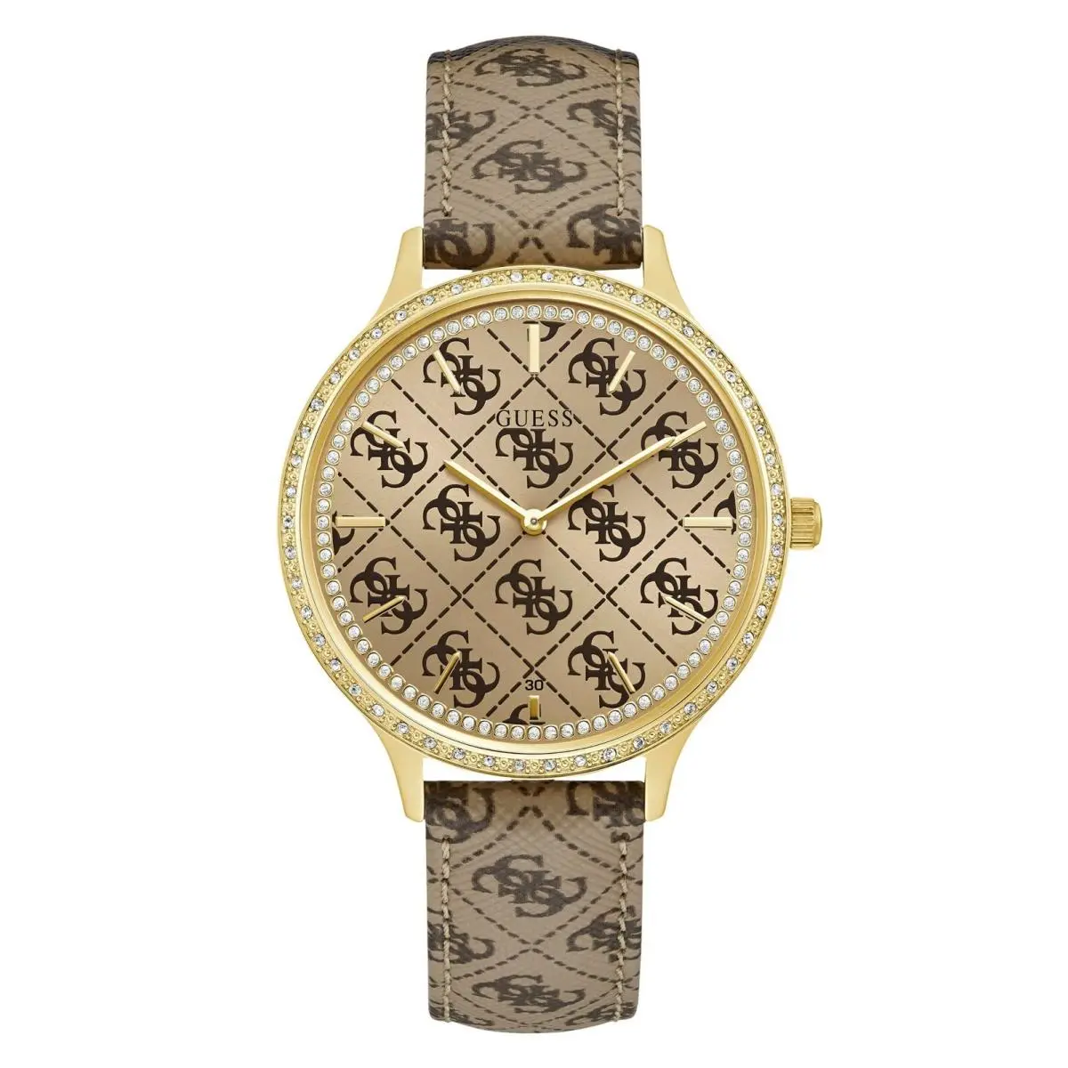 Gold-tone Brown Leather Crystal Logo Embossed Watch U1229L2 by Guess
