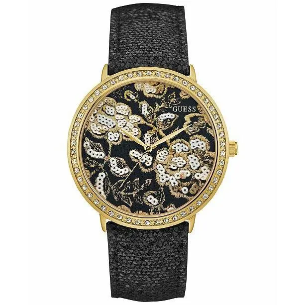 Women`s Watch Sparkle Leather Black Gold Brocade Dial Glitz Crystals by Guess