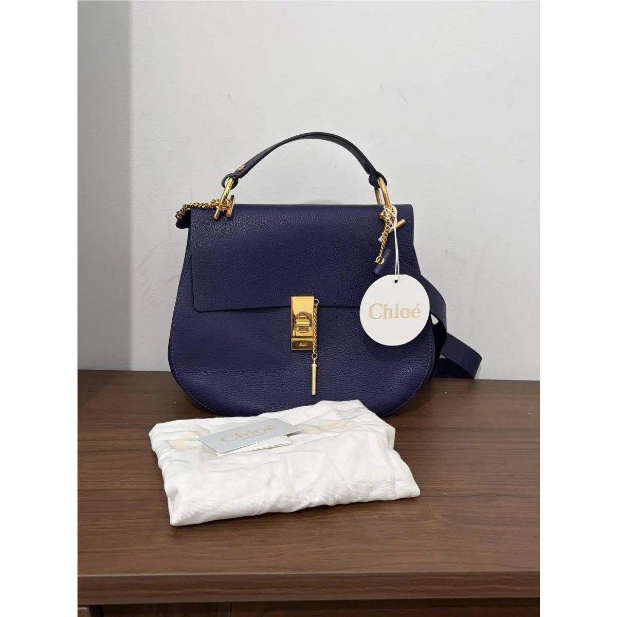 Chloe Drew Shoulder Bag Womens Medium Blue Leather Top Handle Crossbody Italy by Chloé