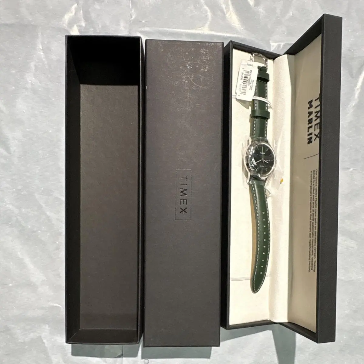 Marlin Mechanical Manual Wristwatch Green Dial Silver Case Leather w/ Box by Timex