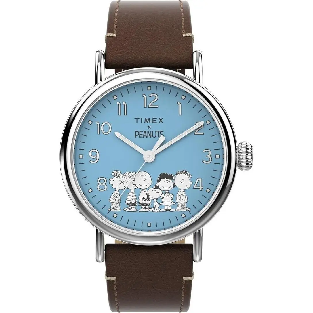 Peanuts Gang Dial Waterbury Blue Brown Leather Quartz Mens WatchTW2V89800 by Timex