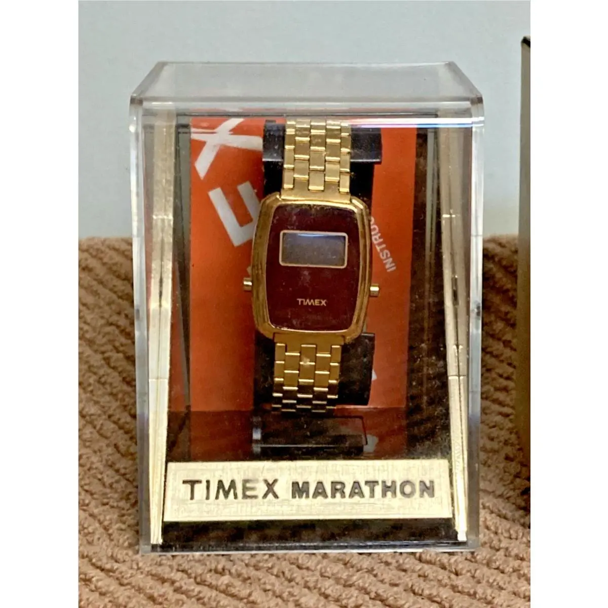 Nos  Marathon 480/481 Lcd Watch with Gold Band Bezel Claret Mask - Htf by Timex