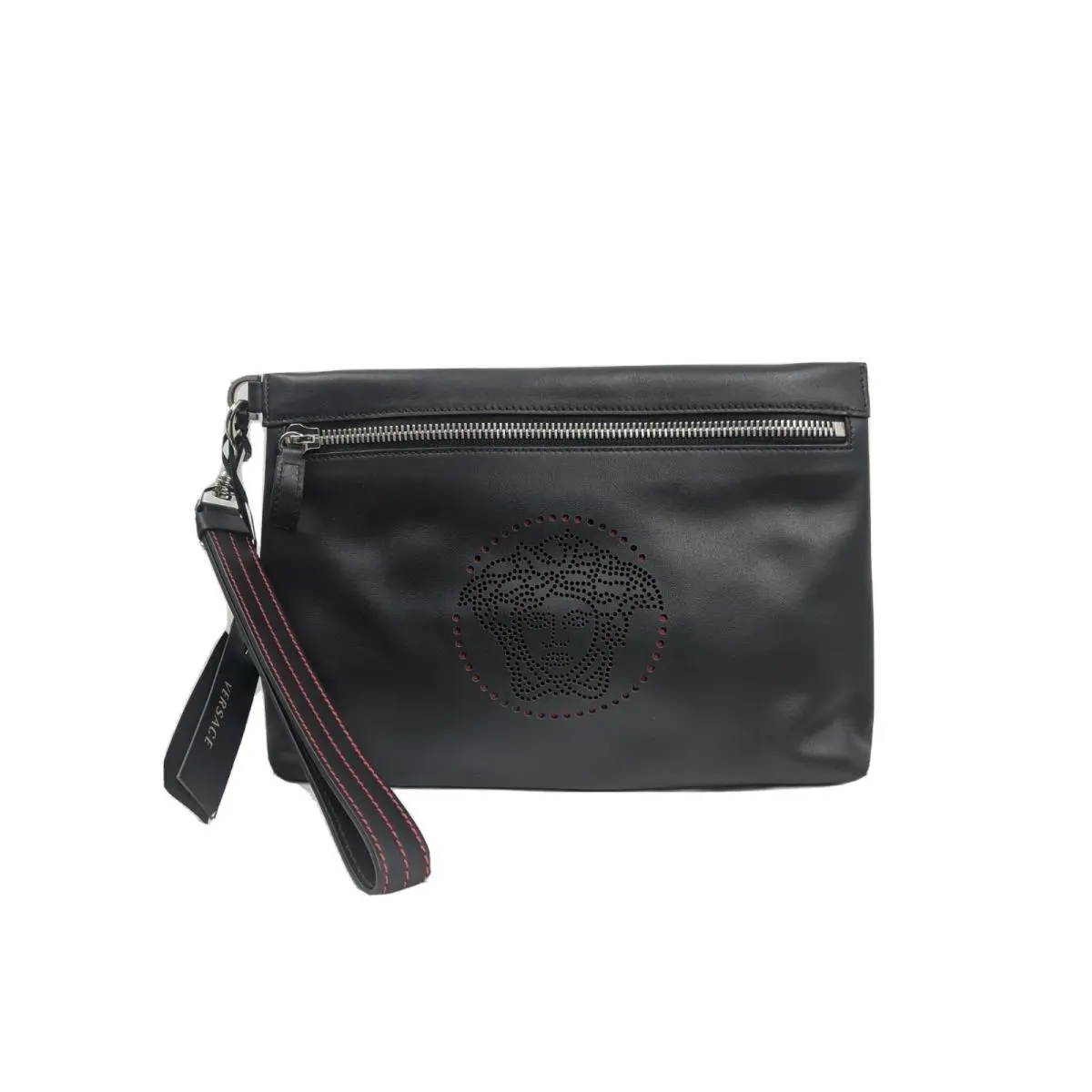Black Leather Large Medusa Clutch Bag Leather with Dust Bag by Versace