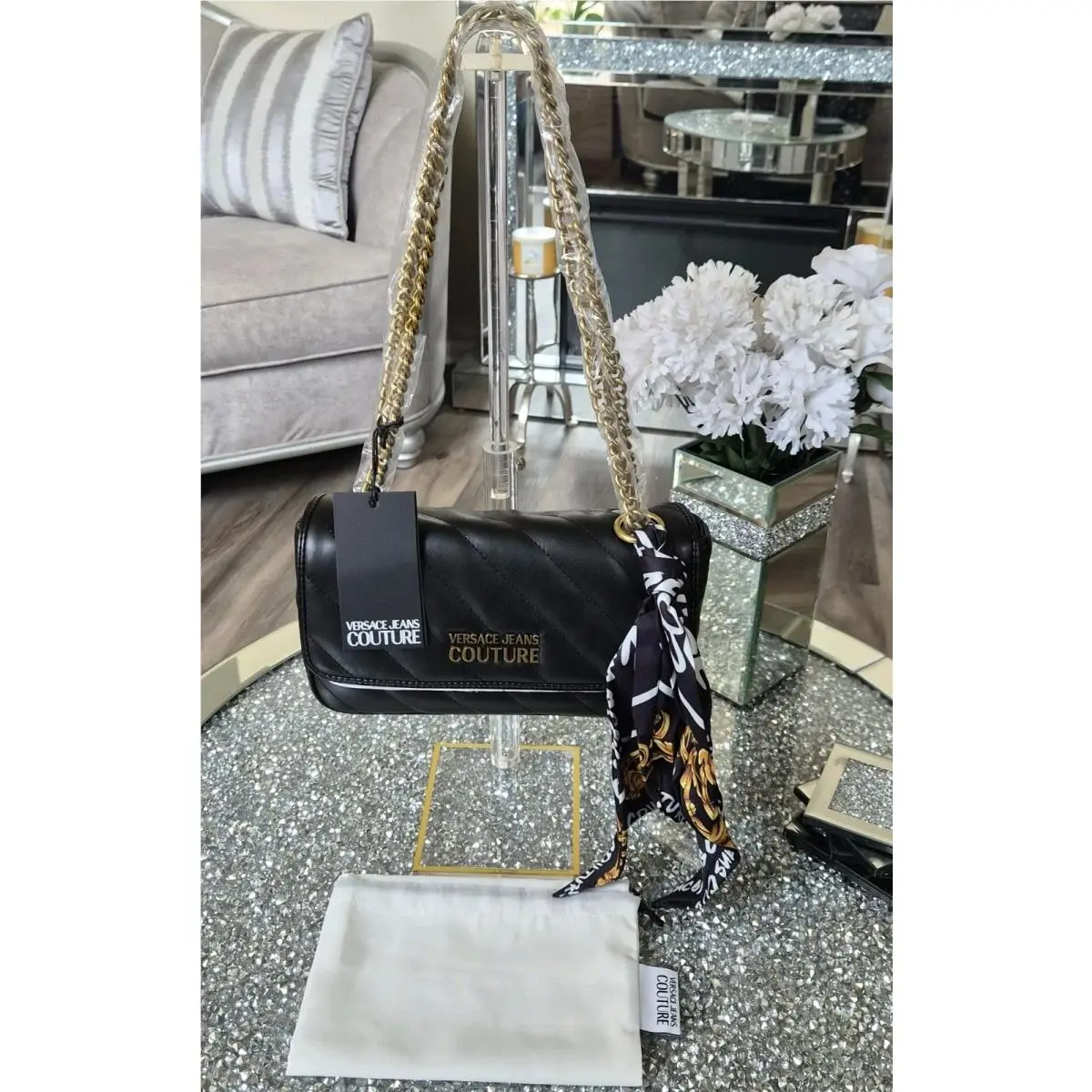 Versace Jeans Couture Quilted Bag with Gold Chain Strap and Scarf