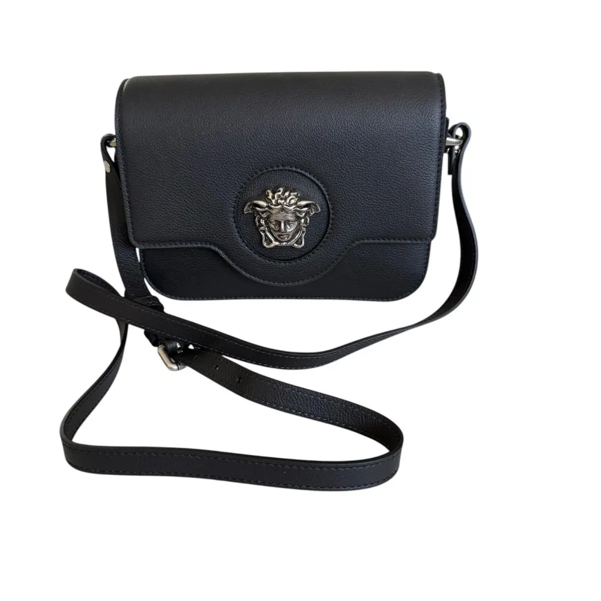 Versace 1008100 La Medusa Shoulder Bag Black Grained Leather Crossbody