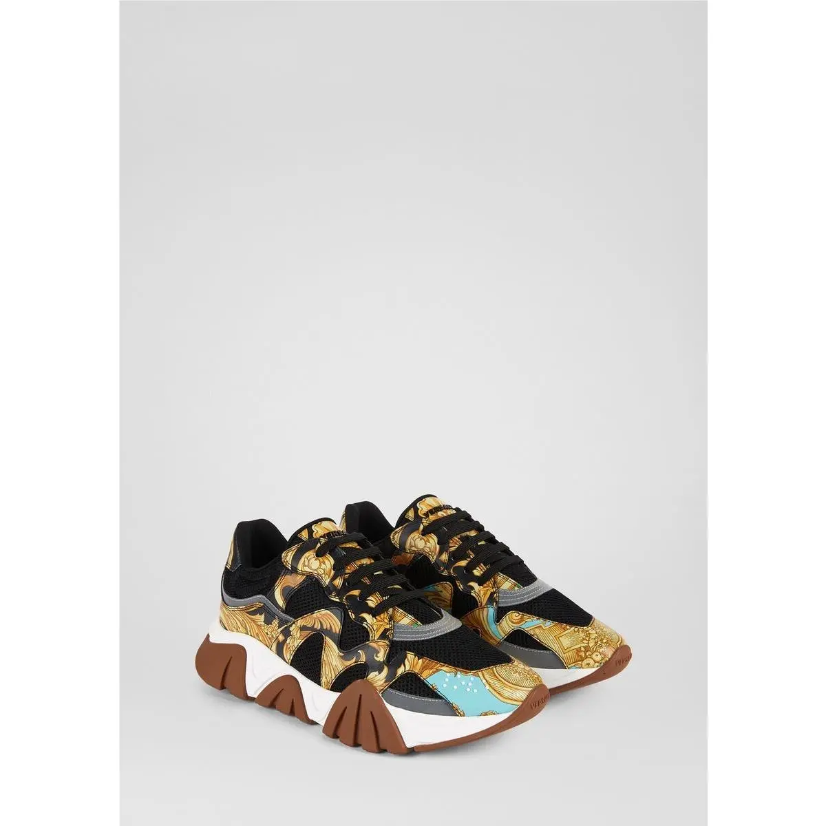 Versace Squalo Mesh Baroque Print Leather Sneakers Size 12 Made in Italy