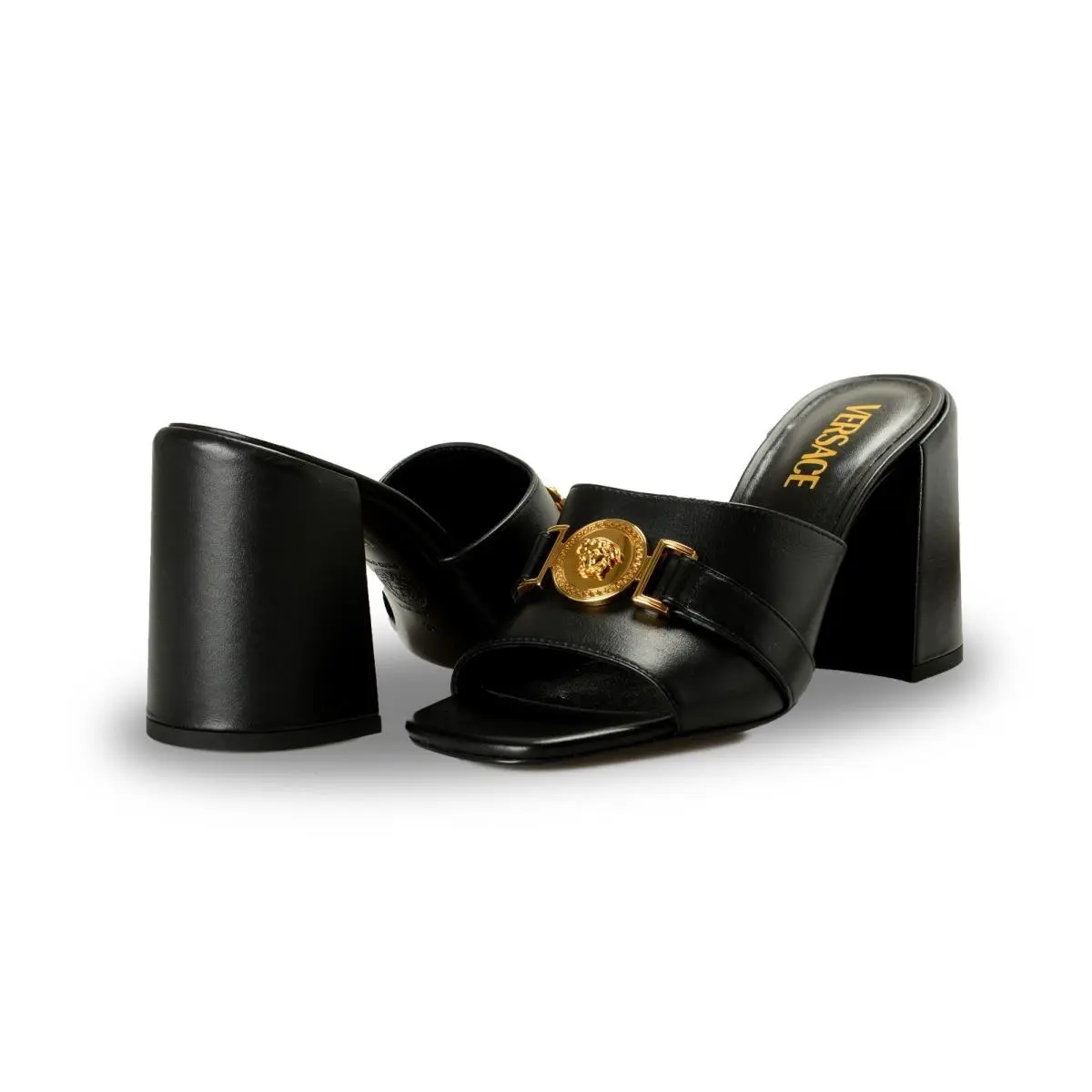Versace Women`s Black Leather Gold Medusa Mules Sandals Shoes US 8 IT 38