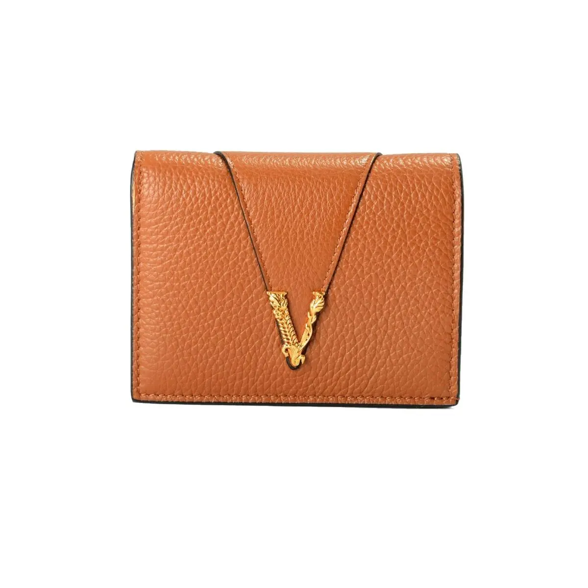 Women`s Chestnut Brown Textured Leather Gold V-logo Compact Wallet by Versace
