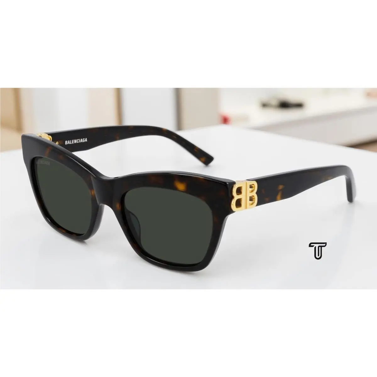 BB0132S 002 Cat Eye Acetate Havana Gold Green 53mm Women`s Sunglasses by Balenciaga