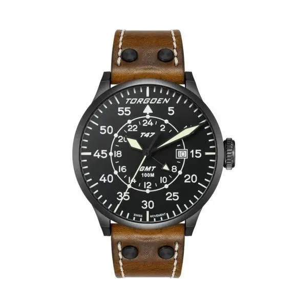 T47 Jumbo Black Sapphire Gmt 47mm Brown Leather Strap Retail by Torgoen