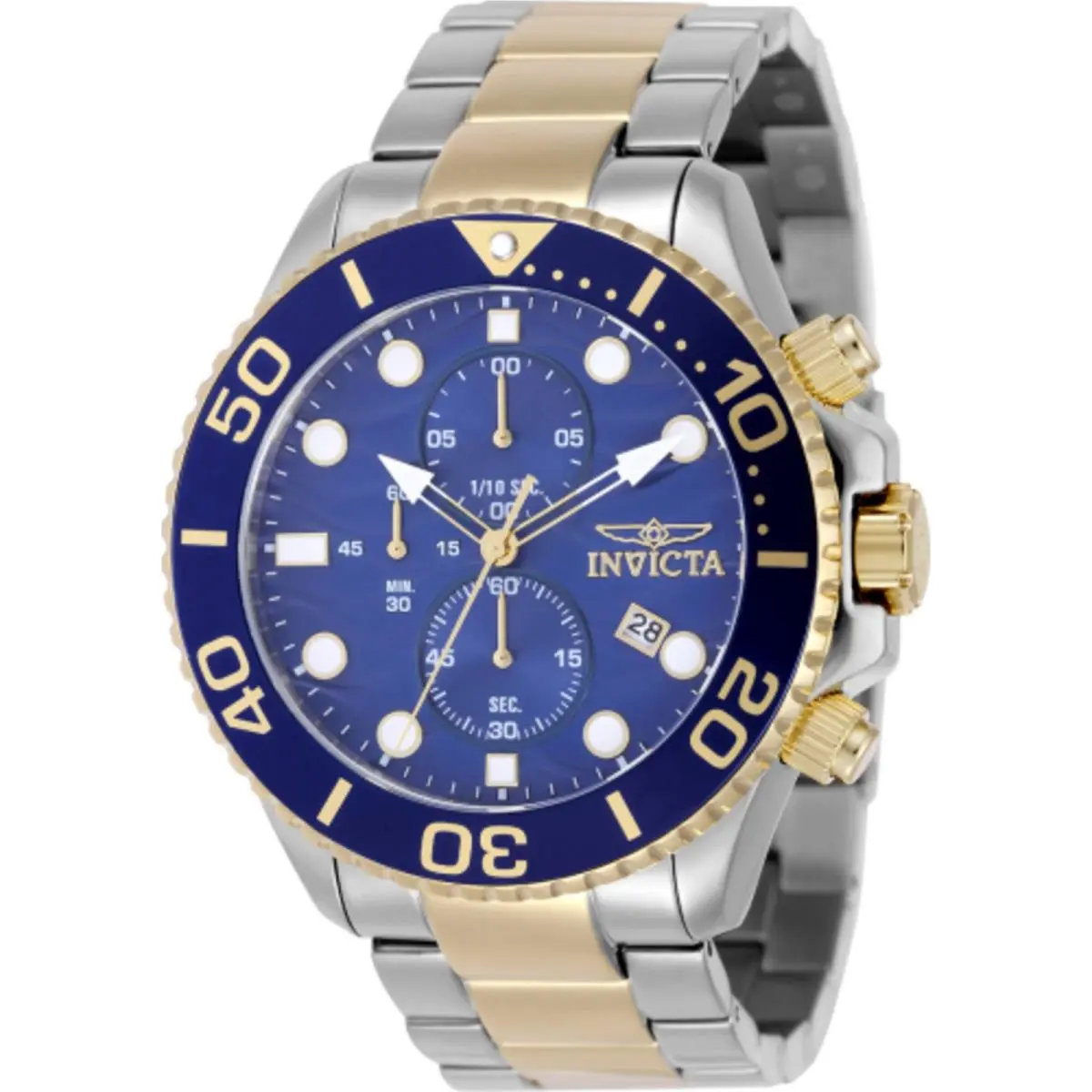 Invicta Men`s Watch Pro Diver Chrono Blue Dial Two Tone Steel Bracelet 50224