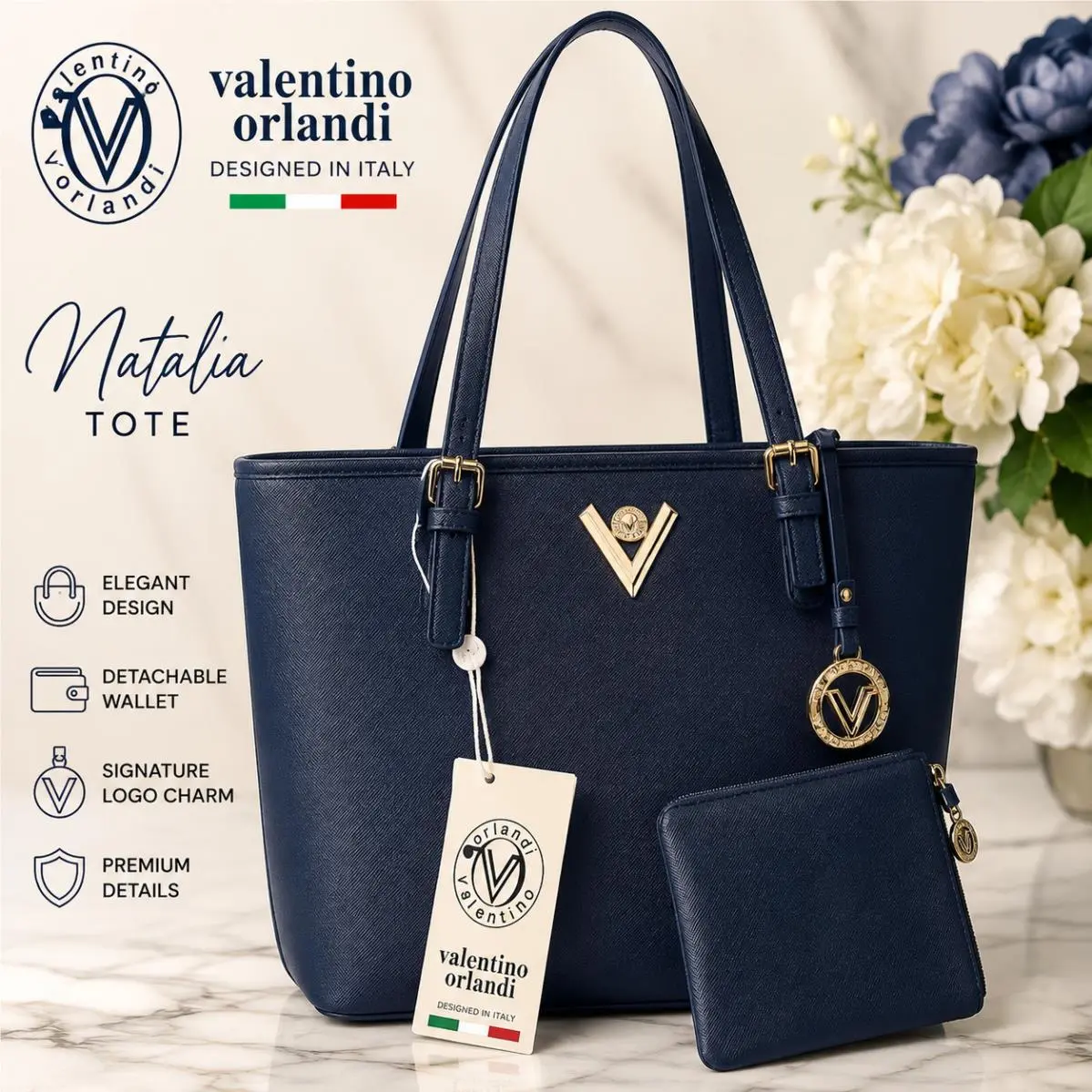 Orlandi Natalia Tote Navy Blue V-4004 Gold Hardware Wallet Italy by Valentino
