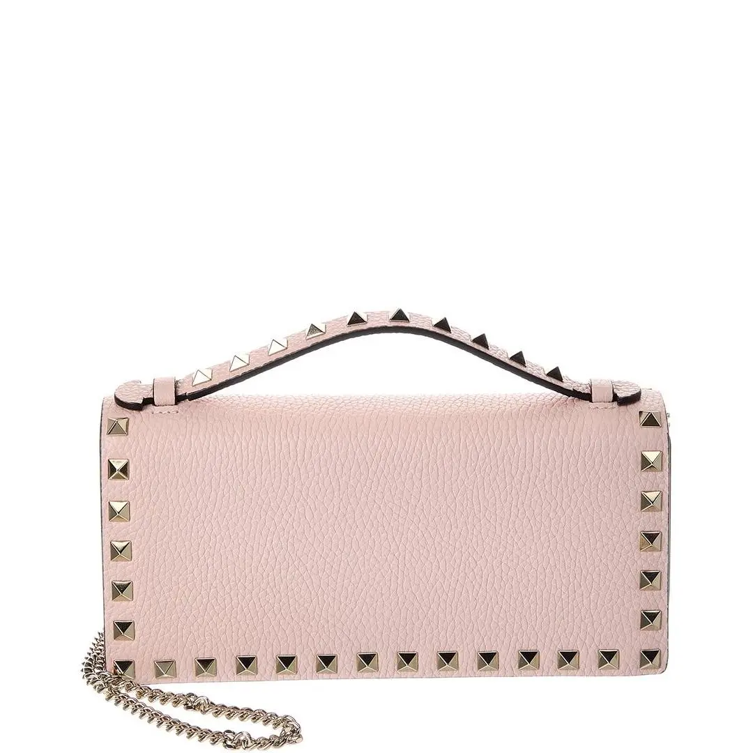 Rockstud Grainy Leather Wallet On Chain Women`s Pink by Valentino