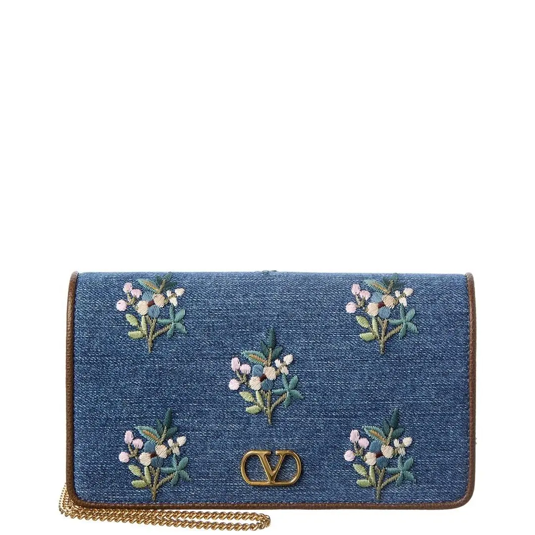 Vlogo Signature Mini Leather Denim Wallet On Chain Women`s Brown by Valentino