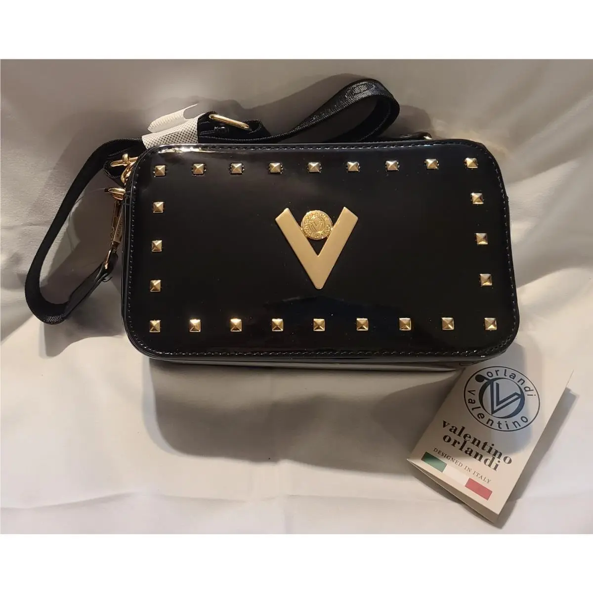 Orlandi Black Patent Leather Camera Bag Purse V3028S by Valentino