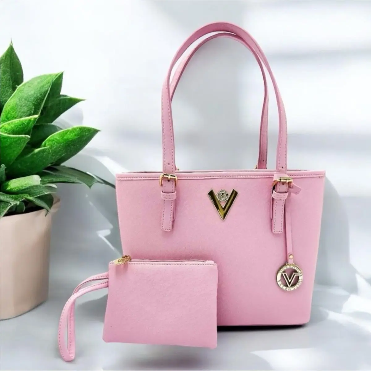 Orlandi Pink Vegan Leather Tote Bag Purse Wallet Set by Valentino