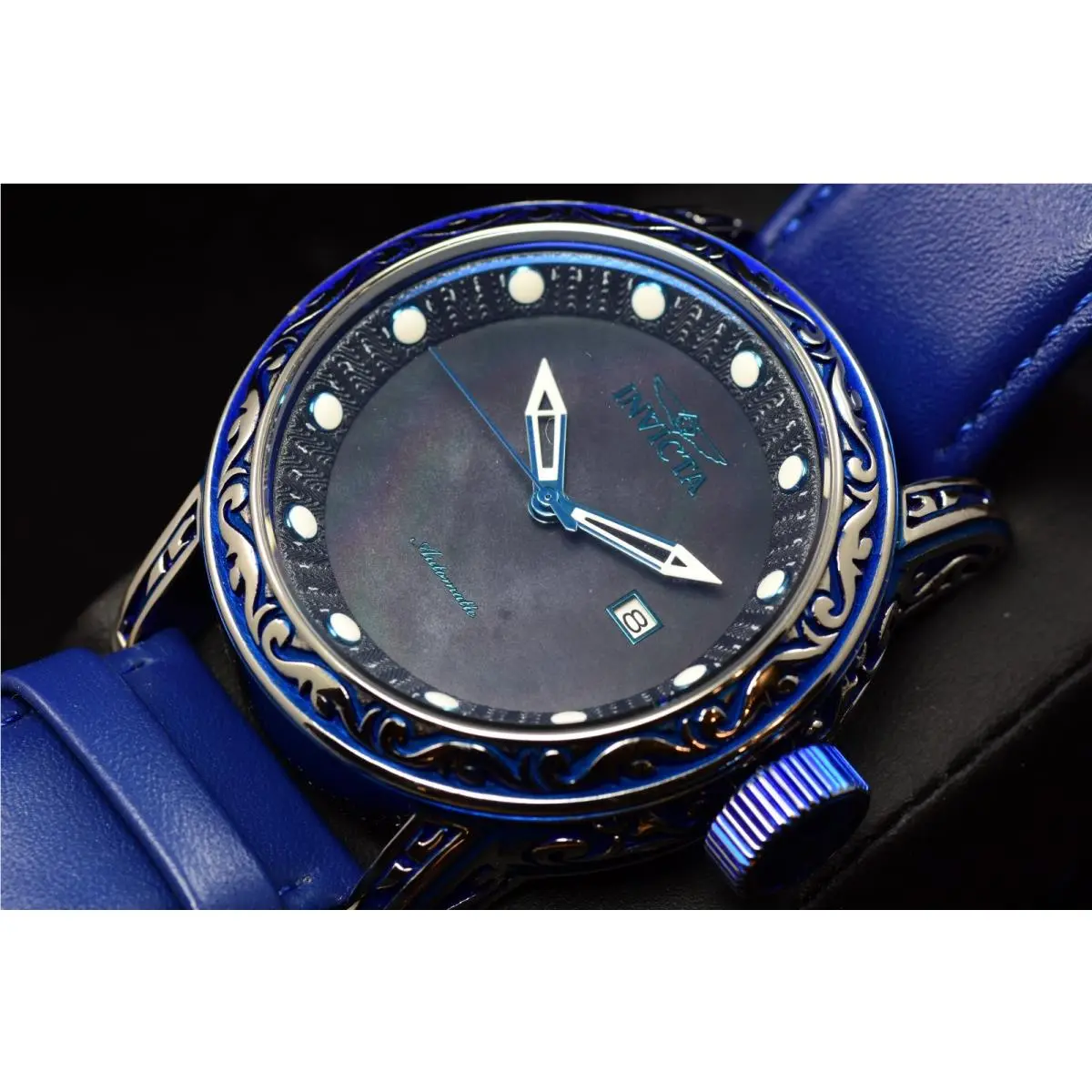Invicta Mens Vintage Mop Dial SS 52mm Automatic Blue Tone Leather Strap Watch