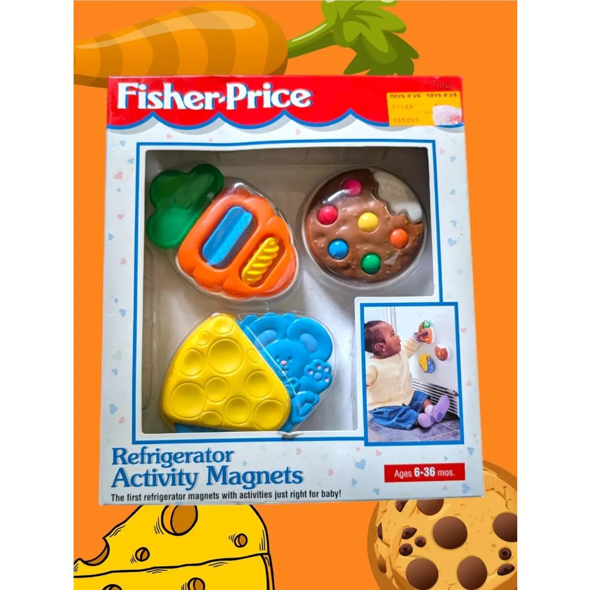 1995 Fisher Price Refrigerator Activity Magnets Toy Carrot Cookie Cheese Vintage