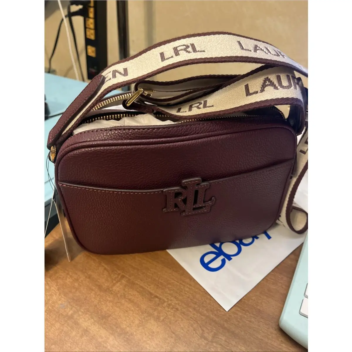 Lauren  Carrie Pebble Leather Crossbody Bag Wine Red by Ralph Lauren