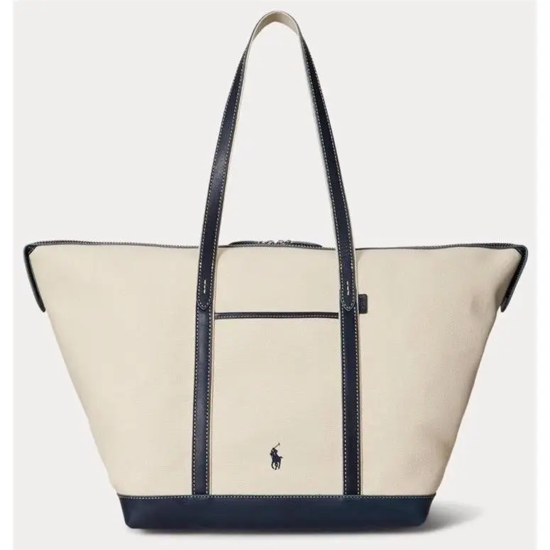 Polo Ralph Lauren Leather Trim Canvas Large Shopper Tote Ecru/navy