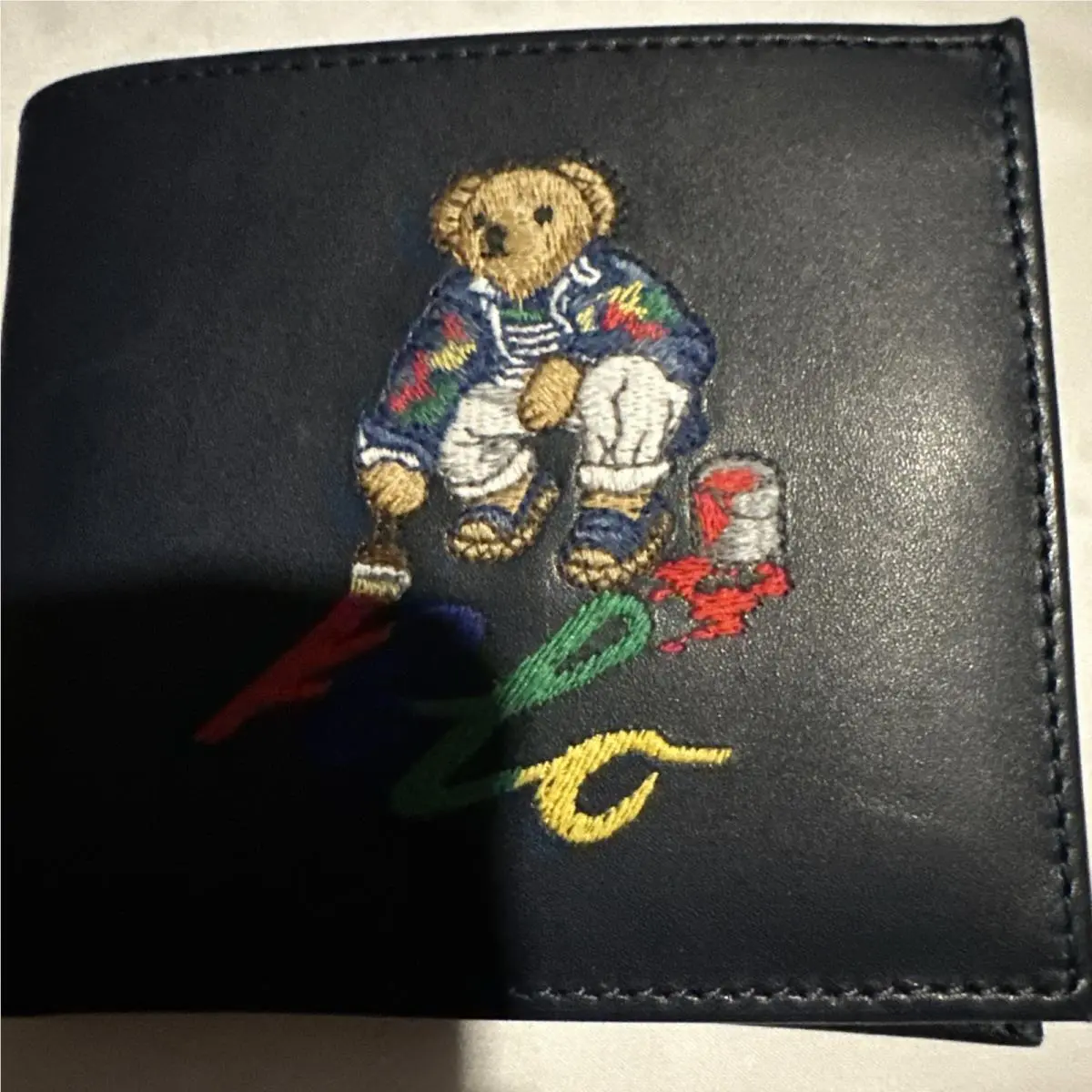 Polo Ralph Lauren Blue Leather Painter Bear Navy Bi Fold Wallet
