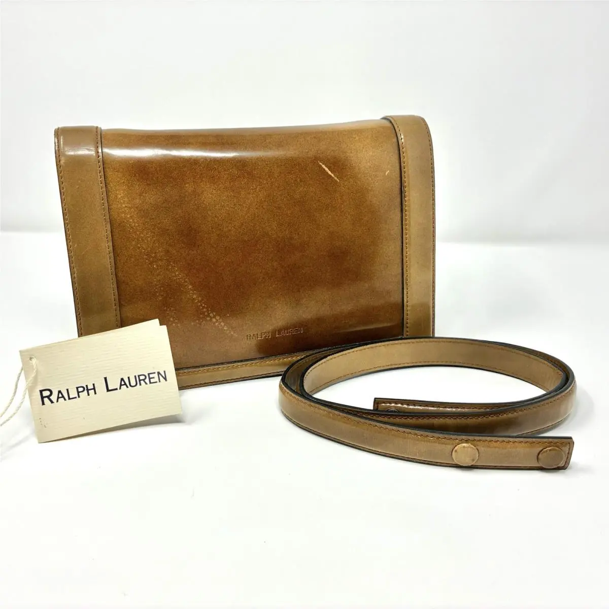 Vintage  Clutch Shoulder Bag Handbag Patent Leather Brown Luxury by Ralph Lauren