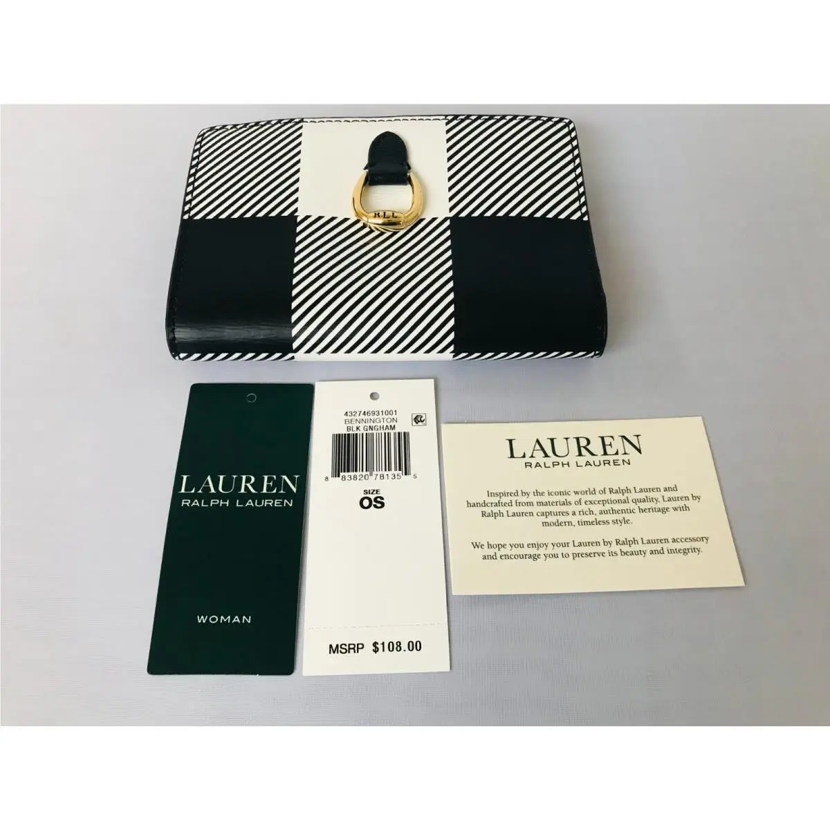 Women`s Leather Wallet Bennington Checkered Black Gingham by Ralph Lauren