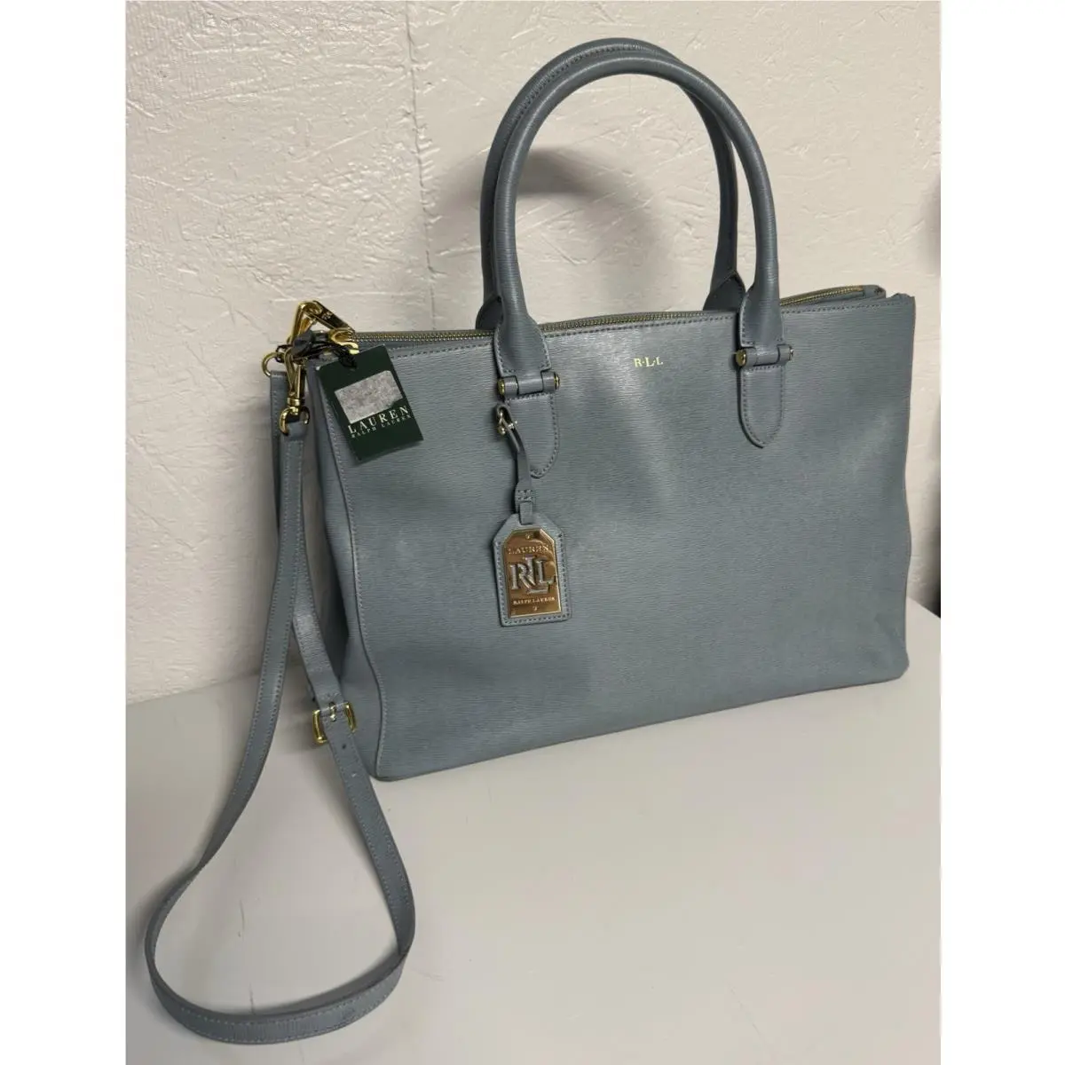 Lauren  Newbury Satchel Purse Double Zip Light Blue Leather Bag by Ralph Lauren