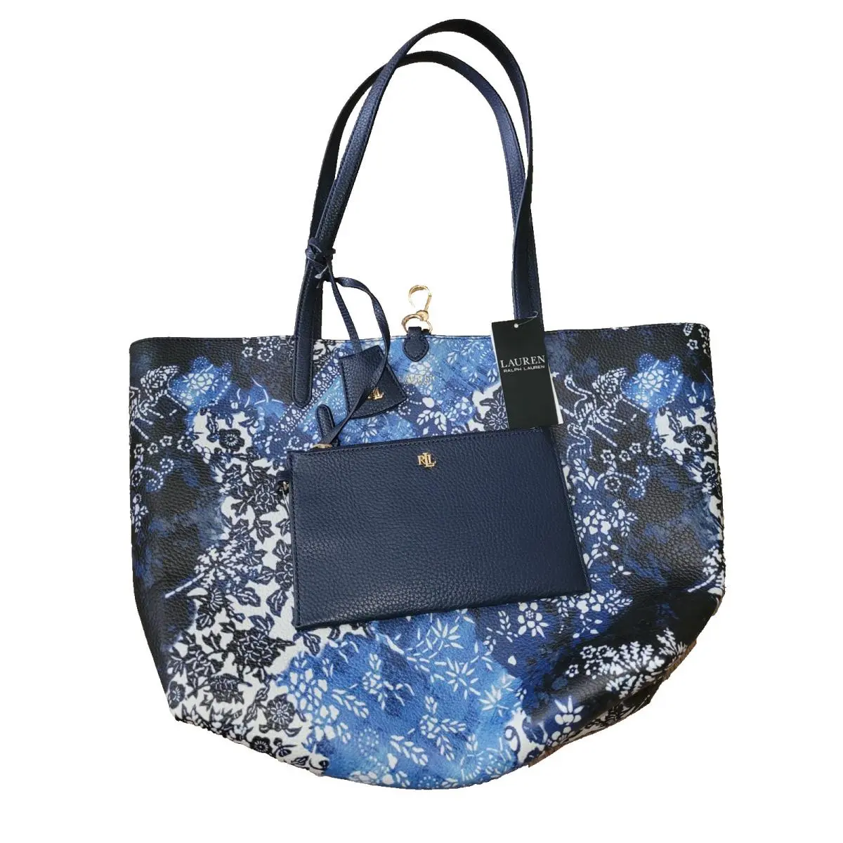 Lauren Ralph Reversible Blue Floral Patchwork Tote Bag Case Key Ring Polo by Ralph Lauren