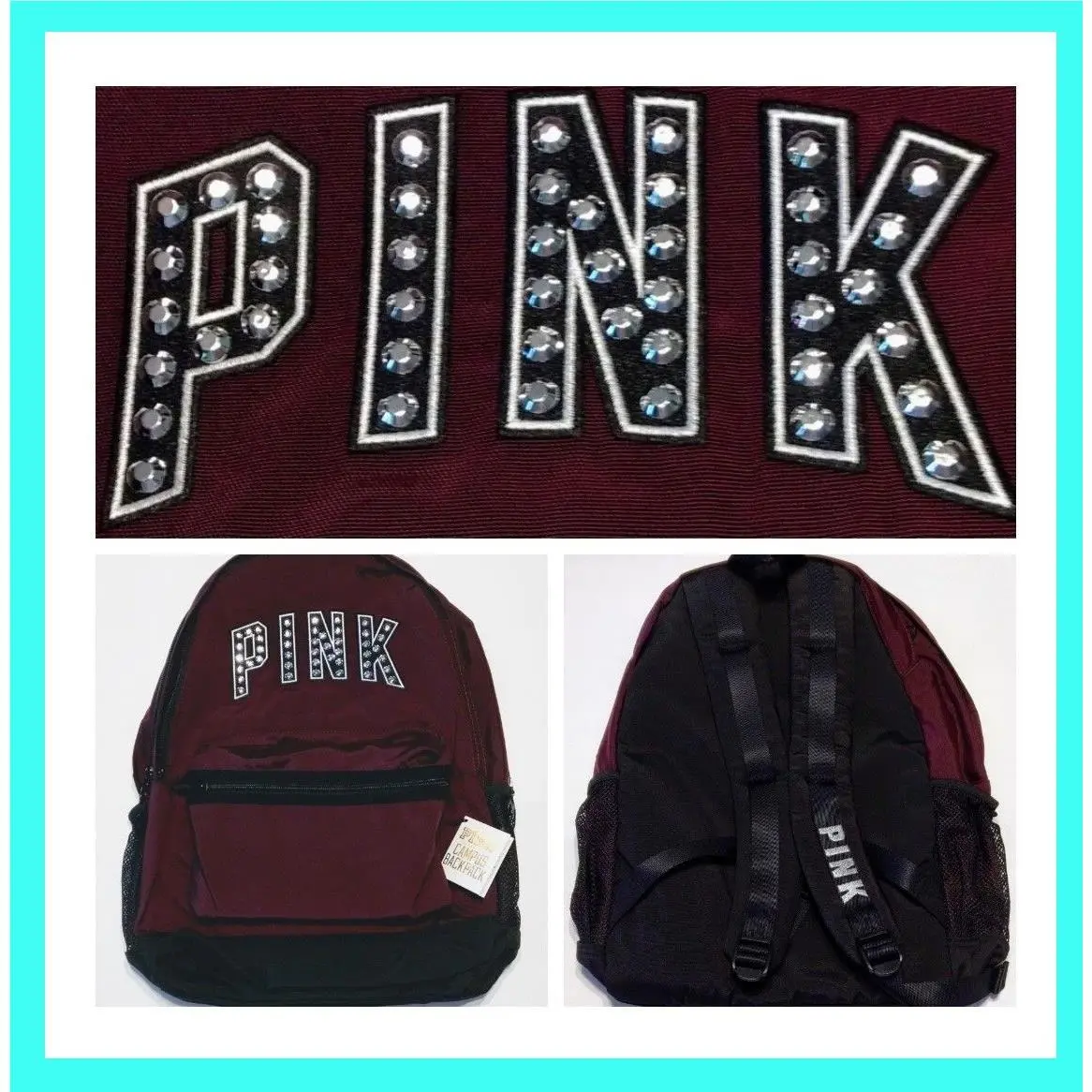 Victoria's Secret  bag  campus - Black orchid dark burgundy silver Rhinestone large, Exterior: see description 7