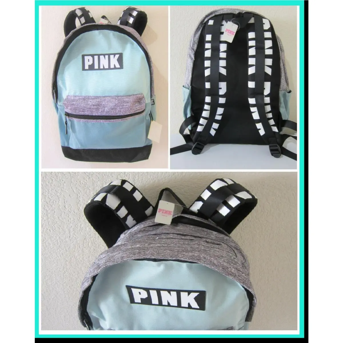 Victoria Secret Pink Mint Green Gray Marl Black Campus Carryon Backpack Book Bag by Victoria's Secret