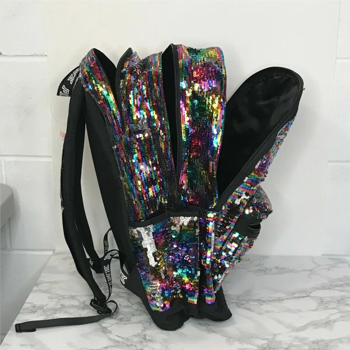 Victoria's Secret  bag  campus - Multi color logo padded laptop water bottle pocket, Exterior: Black 13