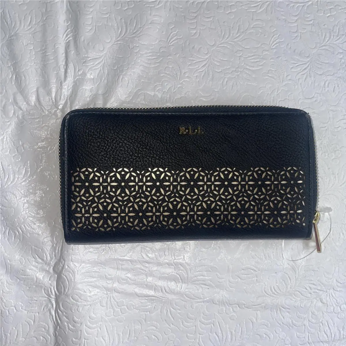 Zip Around Wallet Black Die Cut Women`s RL Credit Card Slip Pockets by Ralph Lauren