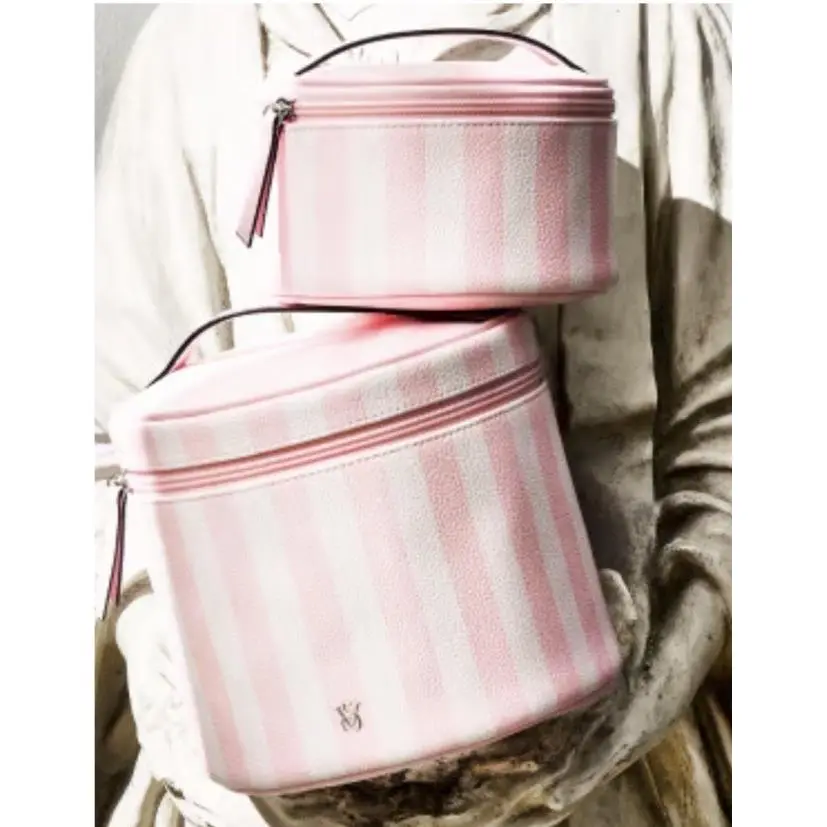 Victoria`s Secret Striped Heritage Pink Striped Cosmetic Makeup Case Set