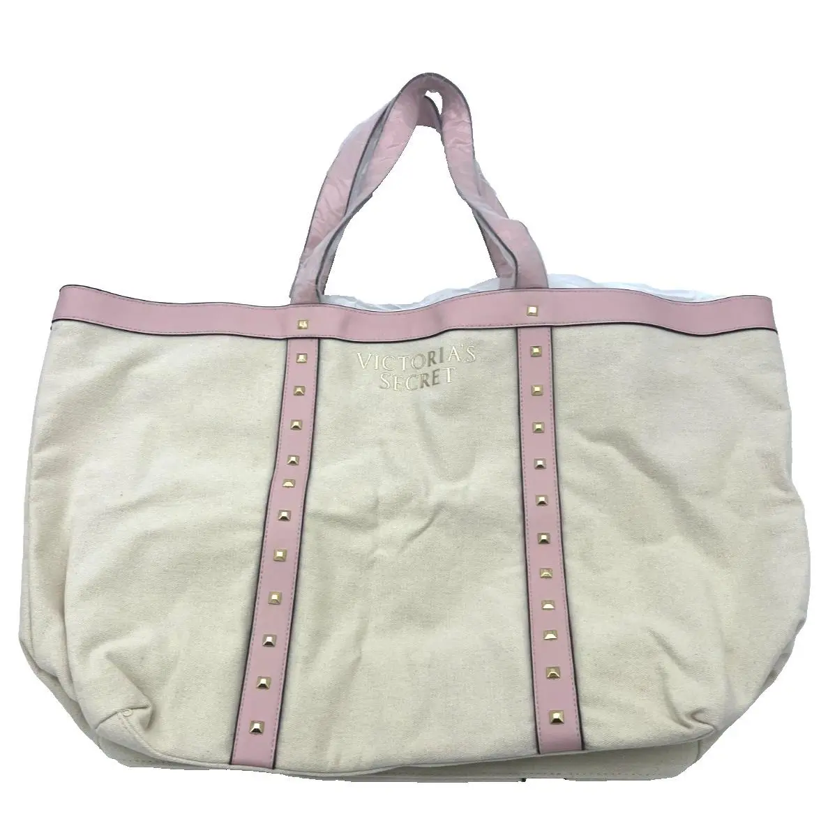 Victoria`s Secret Tote Beige Pink Weekender Tote Getaway Bag Love Victoria