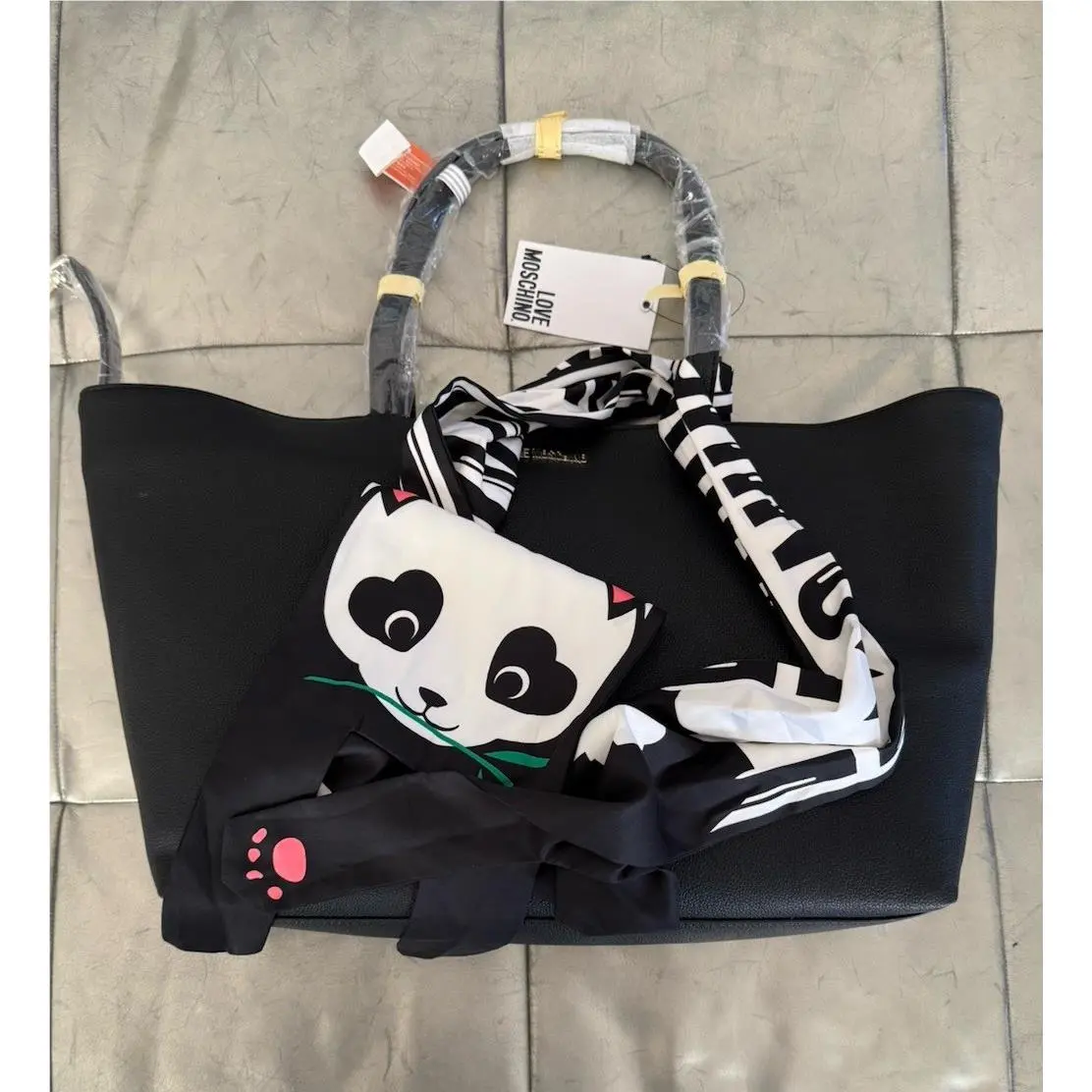 Love  Shopper Panda Scarf Tote Black Shoulder Bag by Moschino