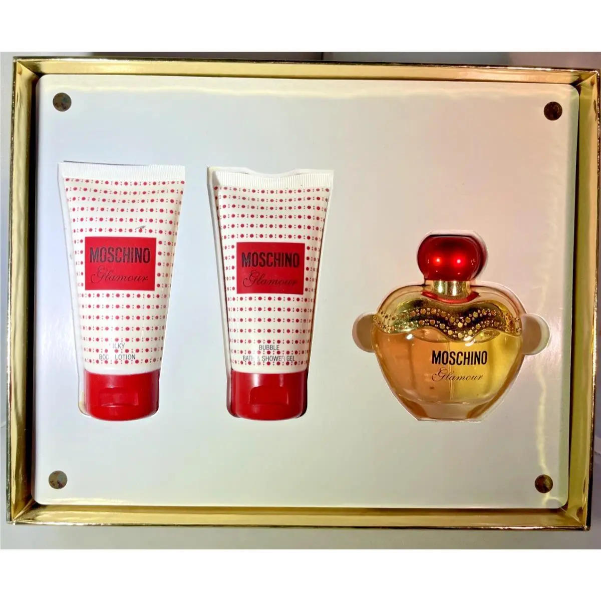 Glamour 1.7 oz Gift Set with Silky Body Lotion Bubble Bath Shower Gel by Moschino
