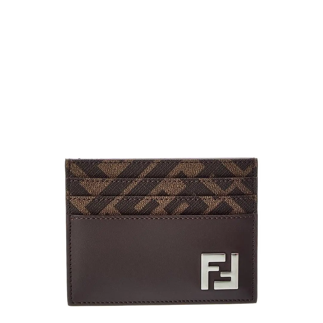 Ff Squared Canvas Leather Card Case Men`s Brown Os by Fendi