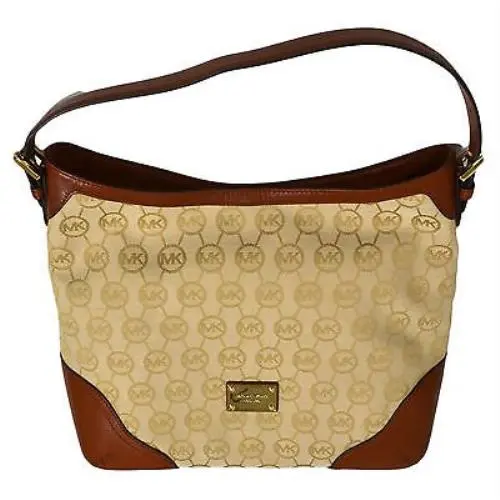 Michael Kors Millbrook Large Logo Canvas Shoulder Bag Purse Beige Orange Red - Beige, Exterior: Beige