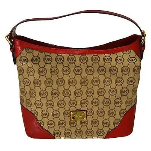 Millbrook Large Logo Canvas Shoulder Bag Purse Beige Orange Red Red by Michael Kors