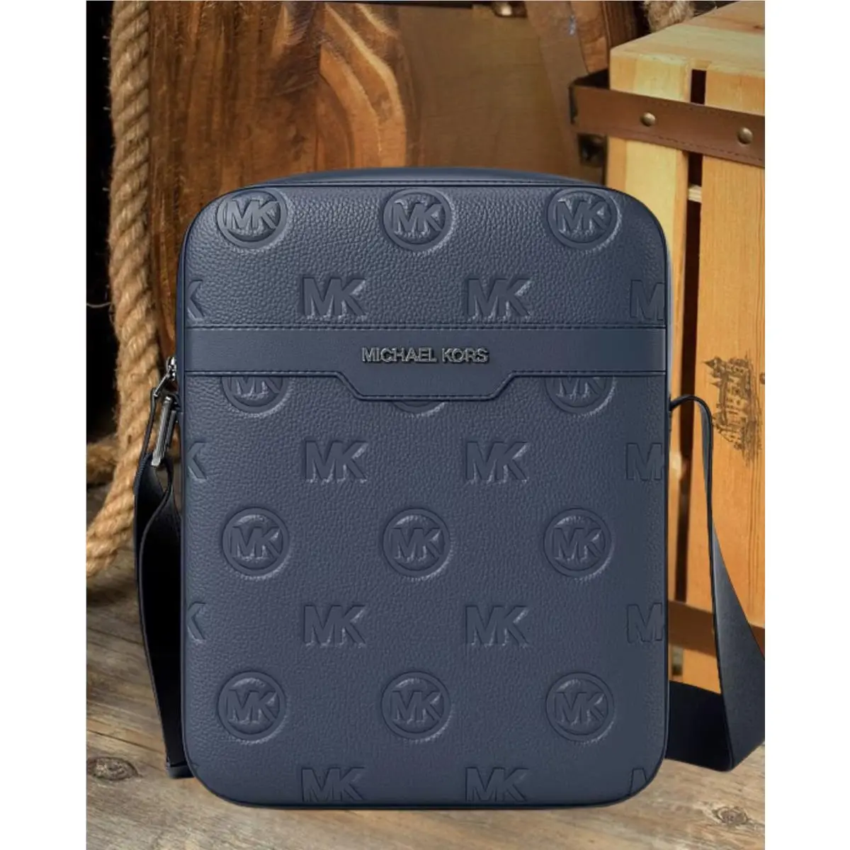 Cooper Men PU Blend Flight Crossbody Bag Debossed Logo Handbag MK NAVY by Michael Kors