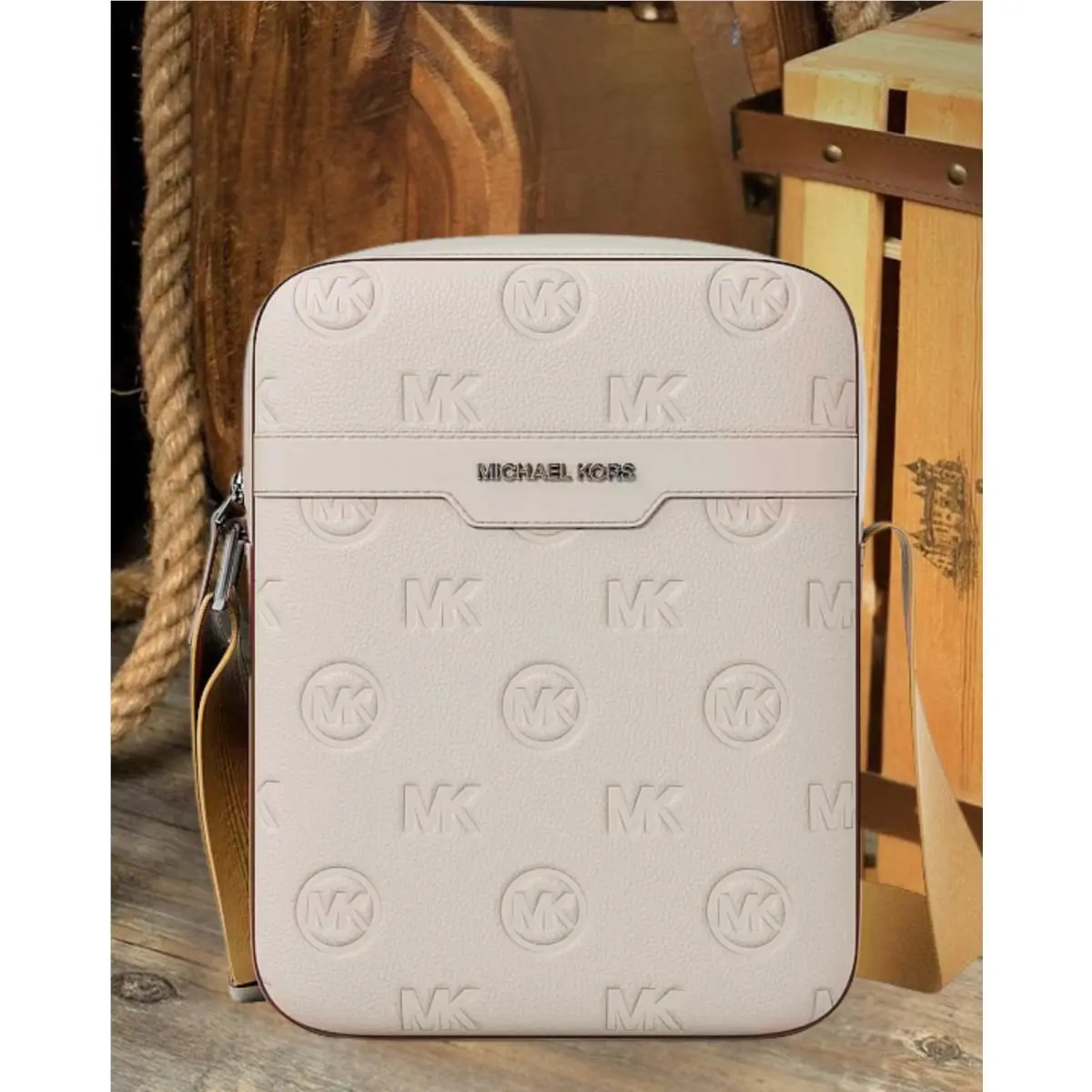 Cooper Men PU Blend Flight Crossbody Bag Debossed Logo Handbag MK PEARL GREY by Michael Kors