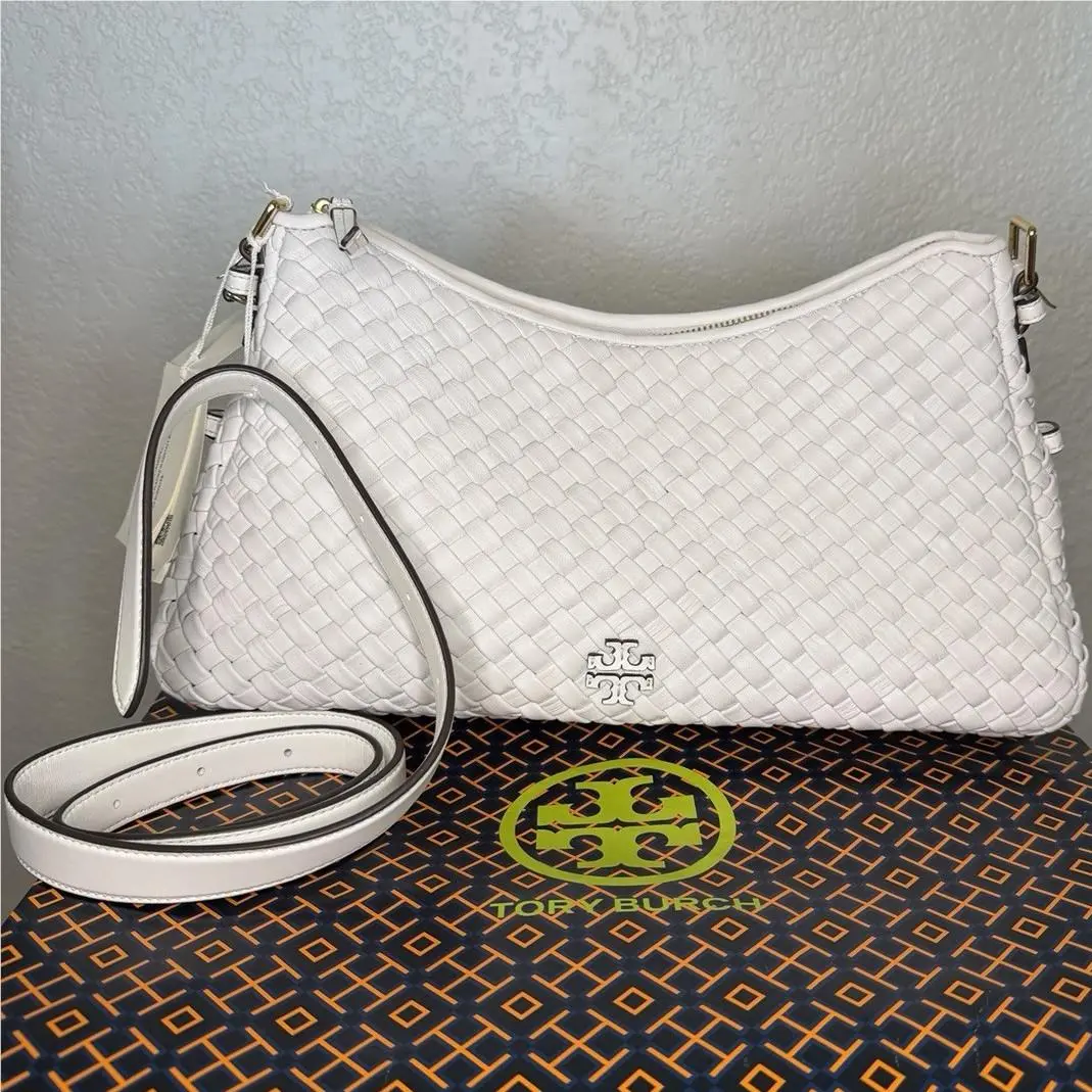 Thea Woven Zip Top Shoulder Bag White Gold Hardware by Tory Burch
