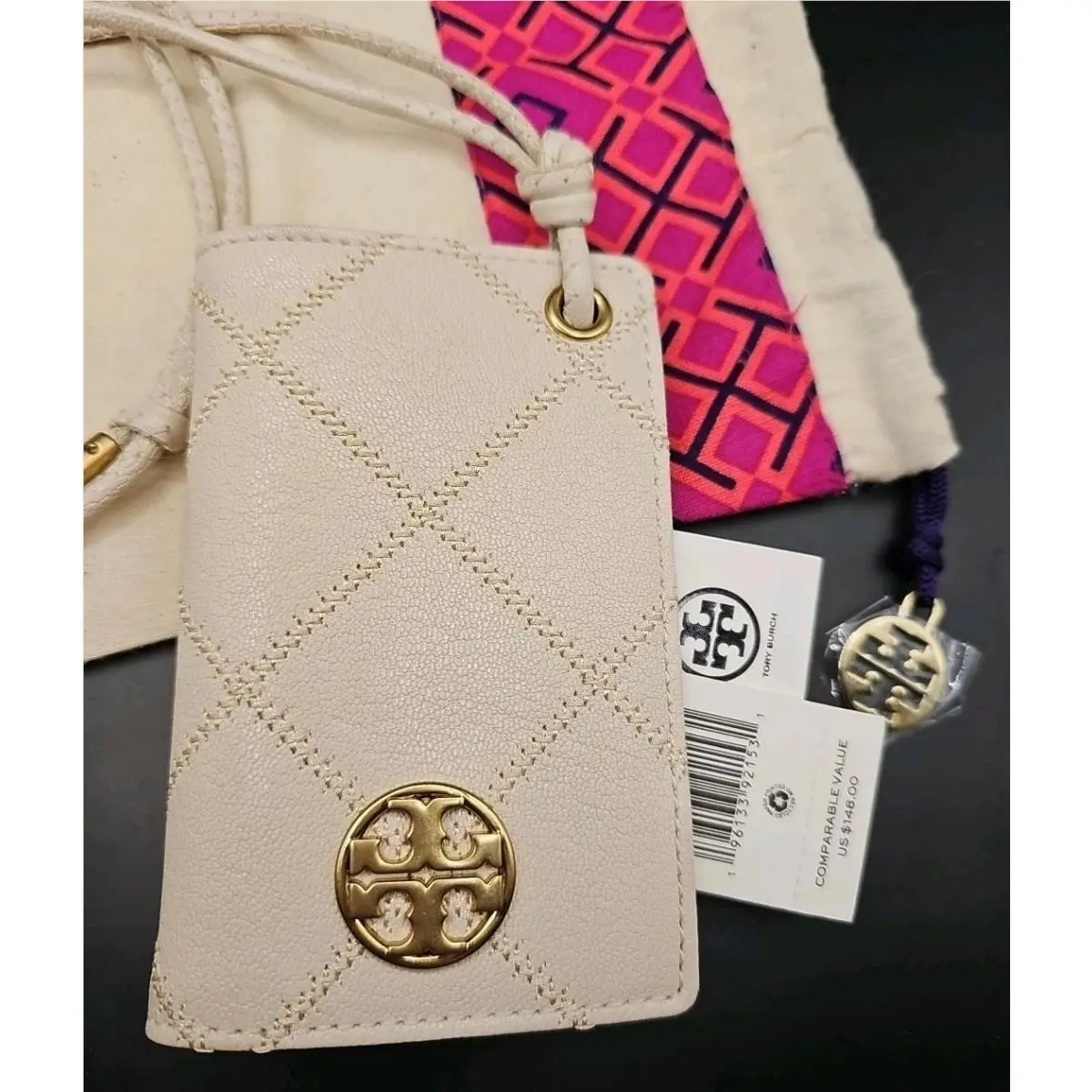 Willa Quilted Leather ID Card Case Lanyard+dustbag Vacay Cruise by Tory Burch