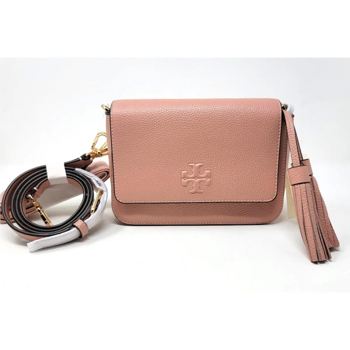 Thea Web Pebble Leather Pink Moon Flap Crossbody Bag with 2 Straps by Tory Burch