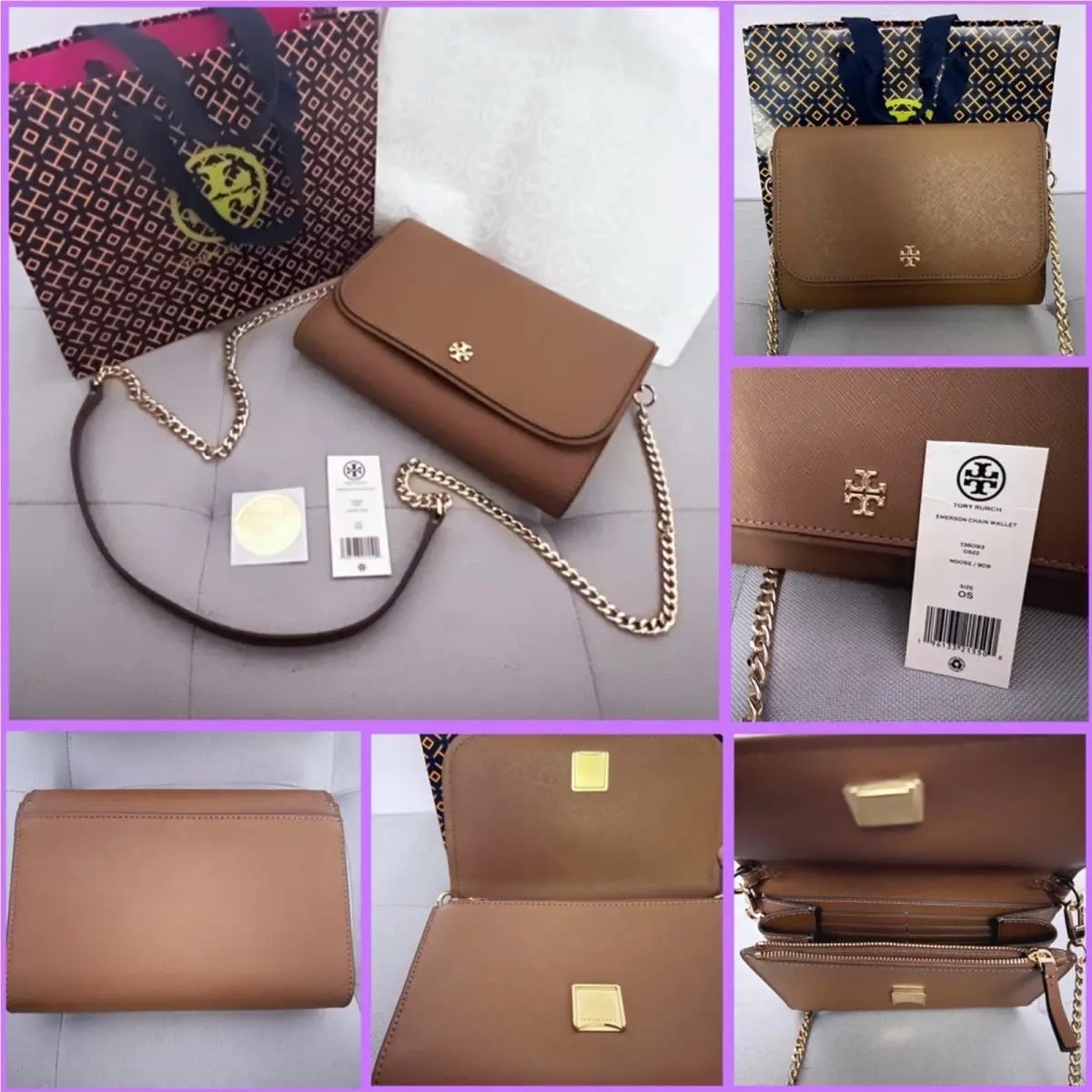 Emerson Chain Wallet Brown Gold Saffiano Leather Crossbody by Tory Burch